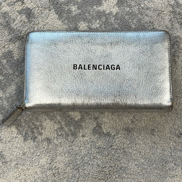 Balenciaga Long Continental Zip Around Wallet Silver Metallic Ville Leather - Picture 1 of 17